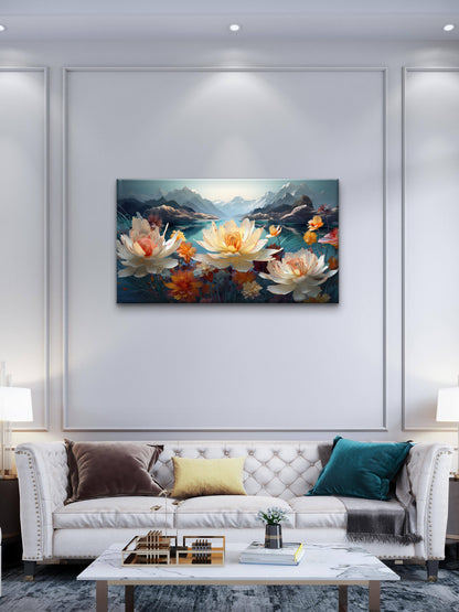 Serene-mountain-lake-landscape-with-vibrant-floral-Premium-Floral & Botanical-3D Textured Wall Art | UV Embossed Canvas Wall Frame for Living room and bed room