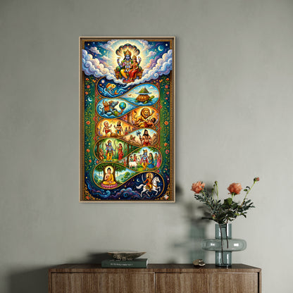 Dashavatara: The Ten Cosmic Incarnations of Lord Vishnu-Luxurious-Gods and Divine Art 3D Textured Wall Art | UV Printed Embossed Canvas Wall Frame for Home Decor,living Room