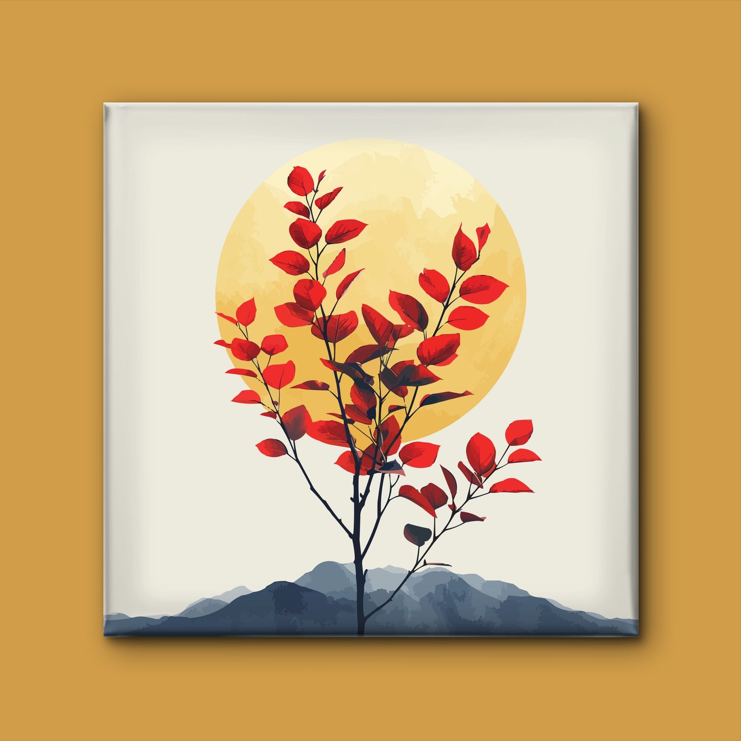 Tree-with-red-leaves-moon-Luxury-Nature & Landscape-3D Textured Wall Art | UV Embossed Canvas Wall Frame for home decor and bed room