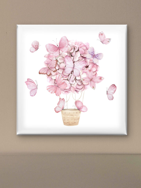 Pink aerostat balloon flowers and butterfly-Premium-Floral & Botanical-3D Textured Wall Art | UV Embossed Canvas Wall Frame for home decor and kids room