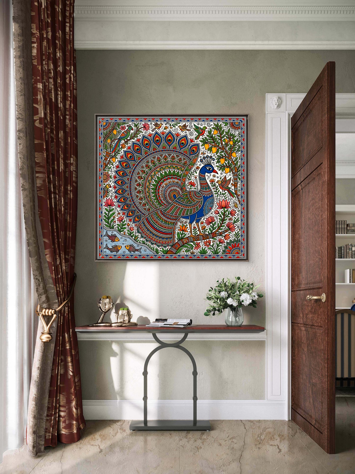 Majestic Peacock in Madhubani Folk Art)-Luxurious-Indian Culture & Folk Art 3D Textured Wall Art | UV Printed Embossed Canvas Wall Frame for Home Decor,living Room