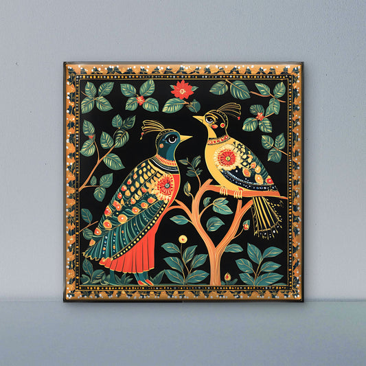 colorful-birds-traditional-folk-art-Luxurious-Indian Culture &  Folk Art 3D Textured Wall Art | UV Printed Embossed Canvas Wall Frame for Home Decor,living Room