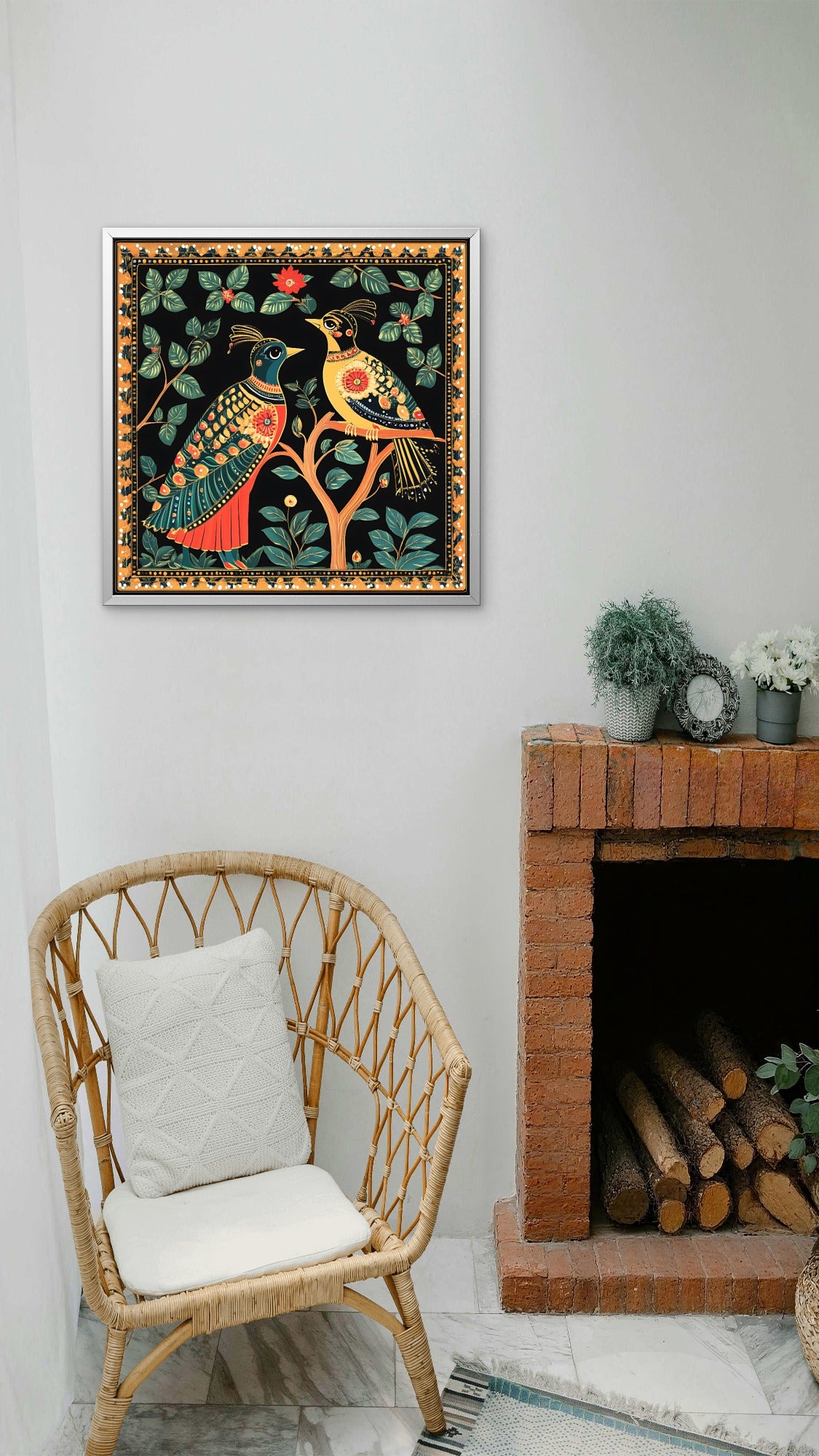 colorful-birds-traditional-folk-art-Luxurious-Indian Culture &  Folk Art 3D Textured Wall Art | UV Printed Embossed Canvas Wall Frame for Home Decor,living Room
