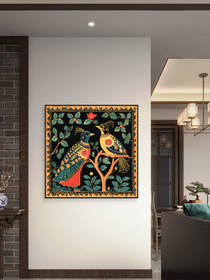 colorful-birds-traditional-folk-art-Luxurious-Indian Culture &  Folk Art 3D Textured Wall Art | UV Printed Embossed Canvas Wall Frame for Home Decor,living Room