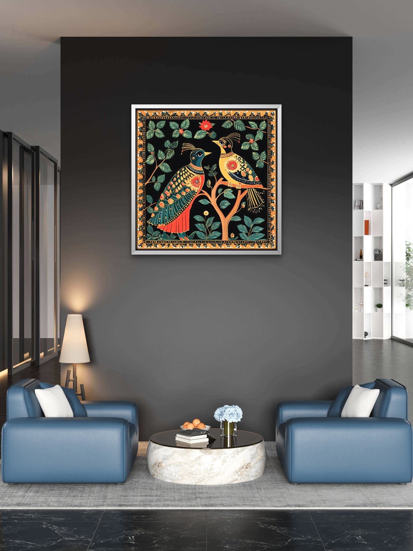 colorful-birds-traditional-folk-art-Luxurious-Indian Culture &  Folk Art 3D Textured Wall Art | UV Printed Embossed Canvas Wall Frame for Home Decor,living Room