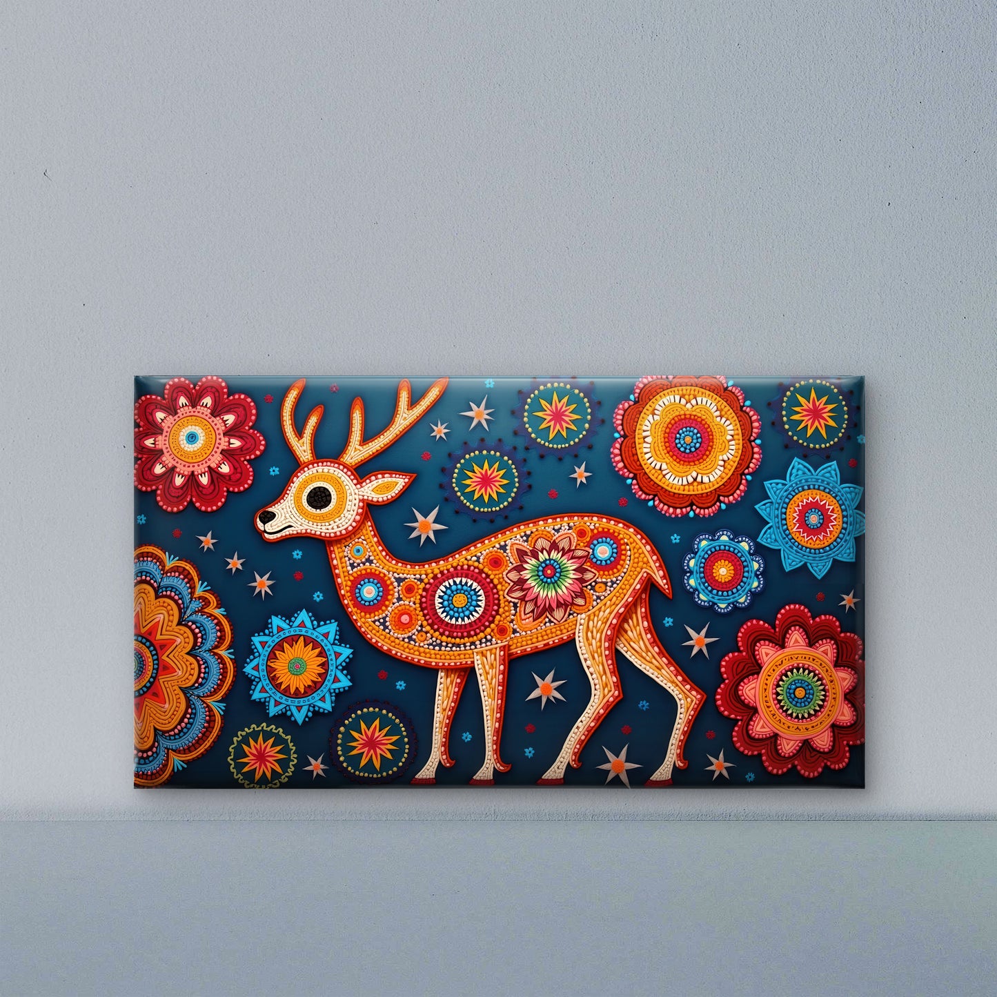 colorful-deer-illustration-with-floral-Luxurious-Indian Culture &  Folk Art 3D Textured Wall Art | UV Printed Embossed Canvas Wall Frame for Home Decor,living Room