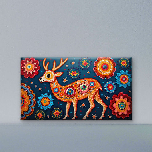 colorful-deer-illustration-with-floral-Luxurious-Indian Culture &  Folk Art 3D Textured Wall Art | UV Printed Embossed Canvas Wall Frame for Home Decor,living Room