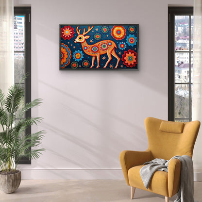 colorful-deer-illustration-with-floral-Luxurious-Indian Culture &  Folk Art 3D Textured Wall Art | UV Printed Embossed Canvas Wall Frame for Home Decor,living Room