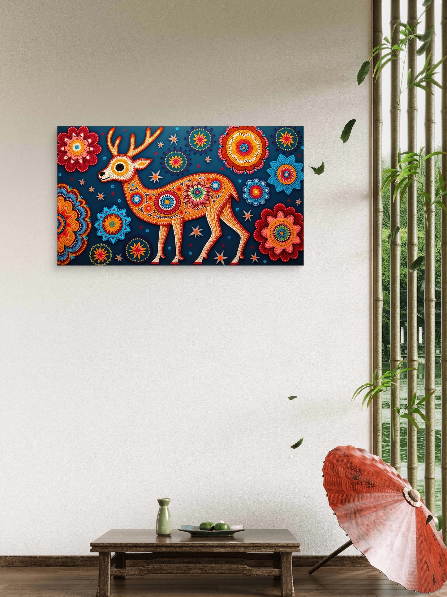 colorful-deer-illustration-with-floral-Luxurious-Indian Culture &  Folk Art 3D Textured Wall Art | UV Printed Embossed Canvas Wall Frame for Home Decor,living Room
