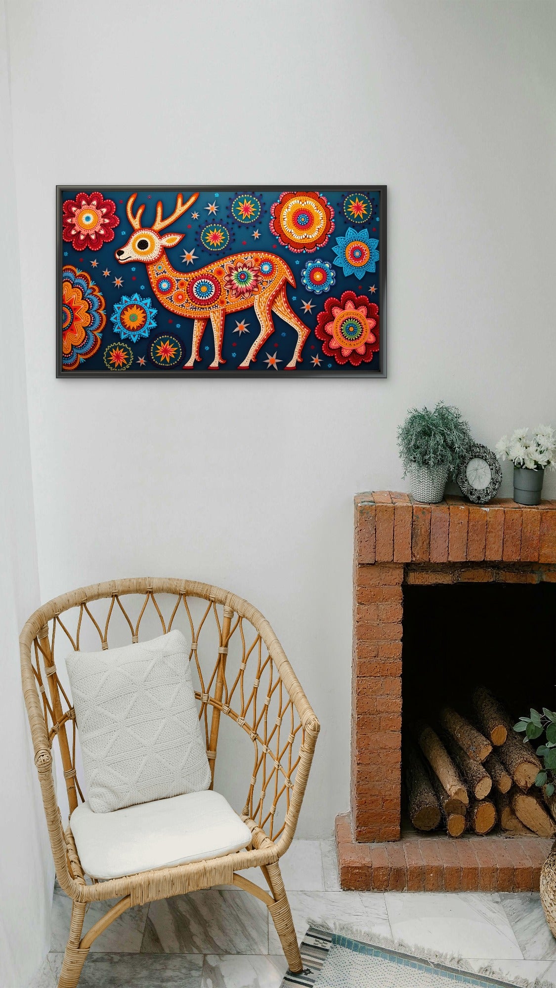 colorful-deer-illustration-with-floral-Luxurious-Indian Culture &  Folk Art 3D Textured Wall Art | UV Printed Embossed Canvas Wall Frame for Home Decor,living Room