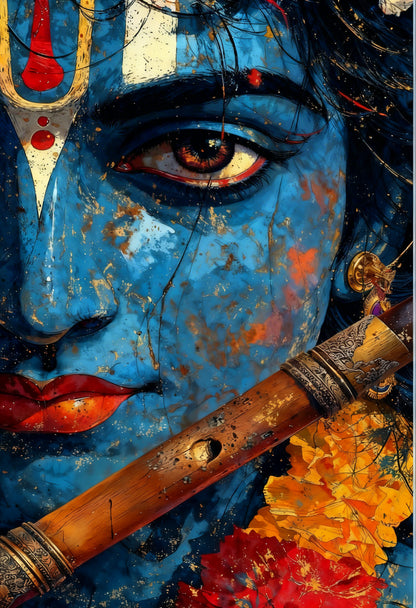 contemporary digital painting of Lord Krishna-Luxurious-Spiritual & Mindful 3D Textured Wall Art | UV Printed Embossed Canvas Wall Frame for Prayer room ,Meditation Space