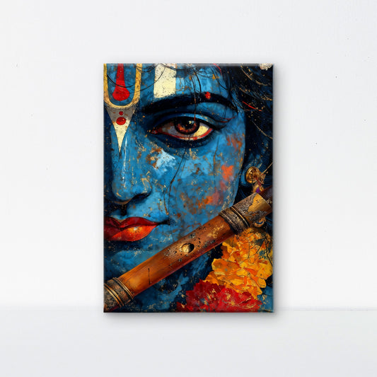 contemporary digital painting of Lord Krishna-Luxurious-Spiritual & Mindful 3D Textured Wall Art | UV Printed Embossed Canvas Wall Frame for Prayer room ,Meditation Space