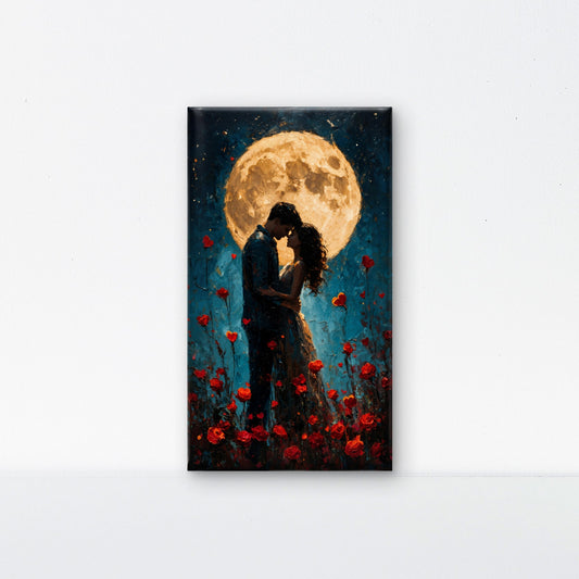 couple_embrace_full_moon_red_roses-Luxurious-Love & Togetherness -3D Textured Wall Art | UV Embossed Canvas Wall Frame for Home decor