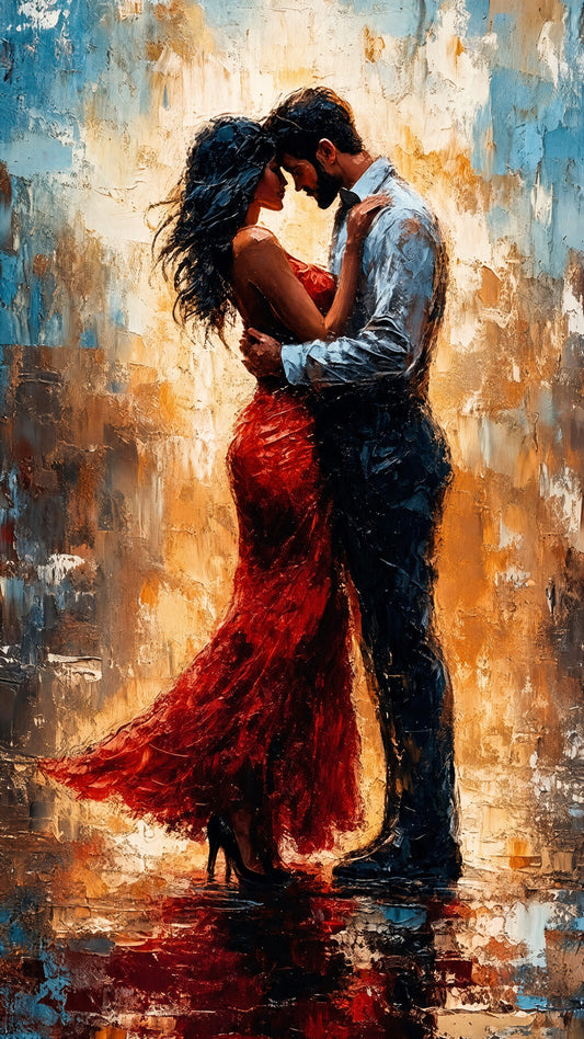 couple_embracing_red_dress_impasto Luxurious-Love & Togetherness -3D Textured Wall Art | UV Embossed Canvas Wall Frame for Home decor