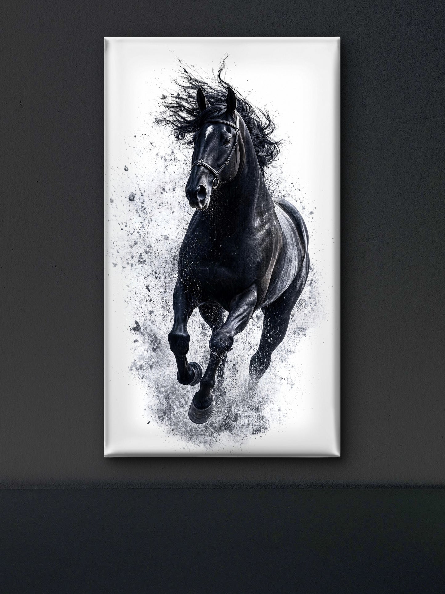 A majestic black horse running amidst a stark white background with artistic ink splatter effects-Luxurious-Wild life & animal -3D Textured Wall Art | UV Embossed Canvas Wall Frame for Home decor