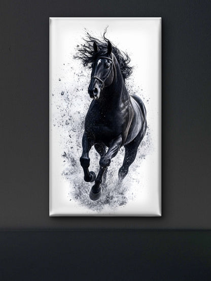 A majestic black horse running amidst a stark white background with artistic ink splatter effects-Luxurious-Wild life & animal -3D Textured Wall Art | UV Embossed Canvas Wall Frame for Home decor
