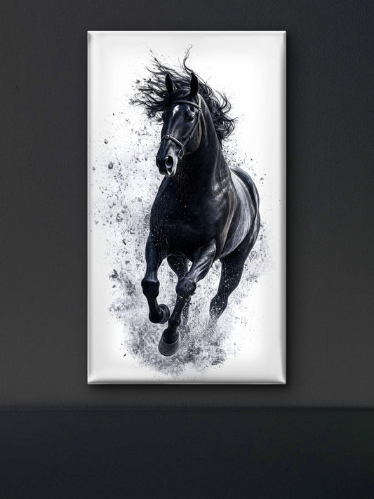 A majestic black horse running amidst a stark white background with artistic ink splatter effects-Luxurious-Wild life & animal -3D Textured Wall Art | UV Embossed Canvas Wall Frame for Home decor