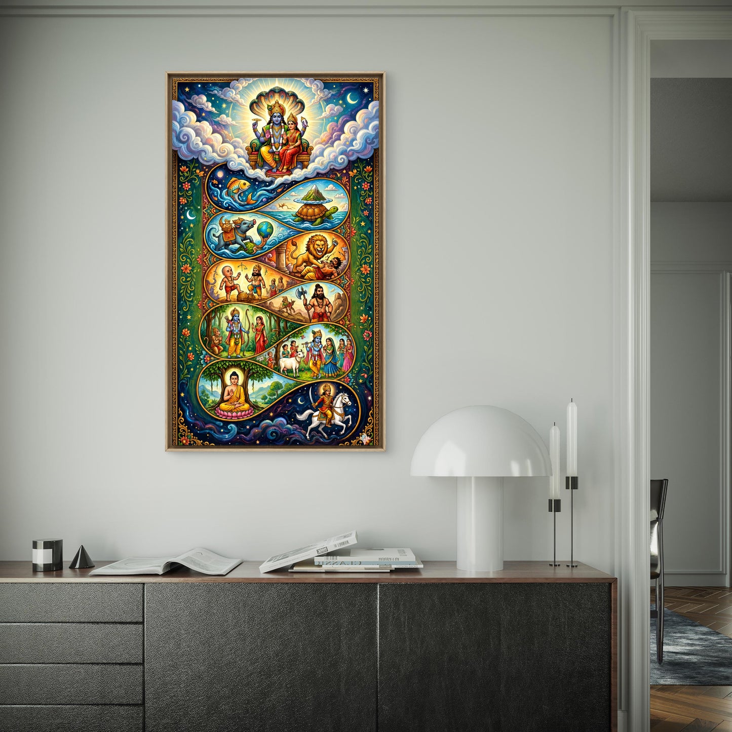 Dashavatara: The Ten Cosmic Incarnations of Lord Vishnu-Luxurious-Gods and Divine Art 3D Textured Wall Art | UV Printed Embossed Canvas Wall Frame for Home Decor,living Room
