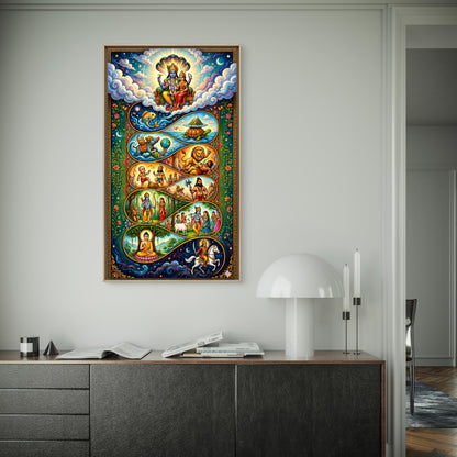 Dashavatara: The Ten Cosmic Incarnations of Lord Vishnu-Luxurious-Gods and Divine Art 3D Textured Wall Art | UV Printed Embossed Canvas Wall Frame for Home Decor,living Room