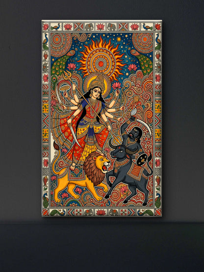 A traditional Madhubani-style painting depicting the Hindu goddess Durga in a battle scene-Luxurious-Indian Culture &  Folk Art-3D Textured Wall Art | UV Embossed Canvas Wall Frame for Home decor
