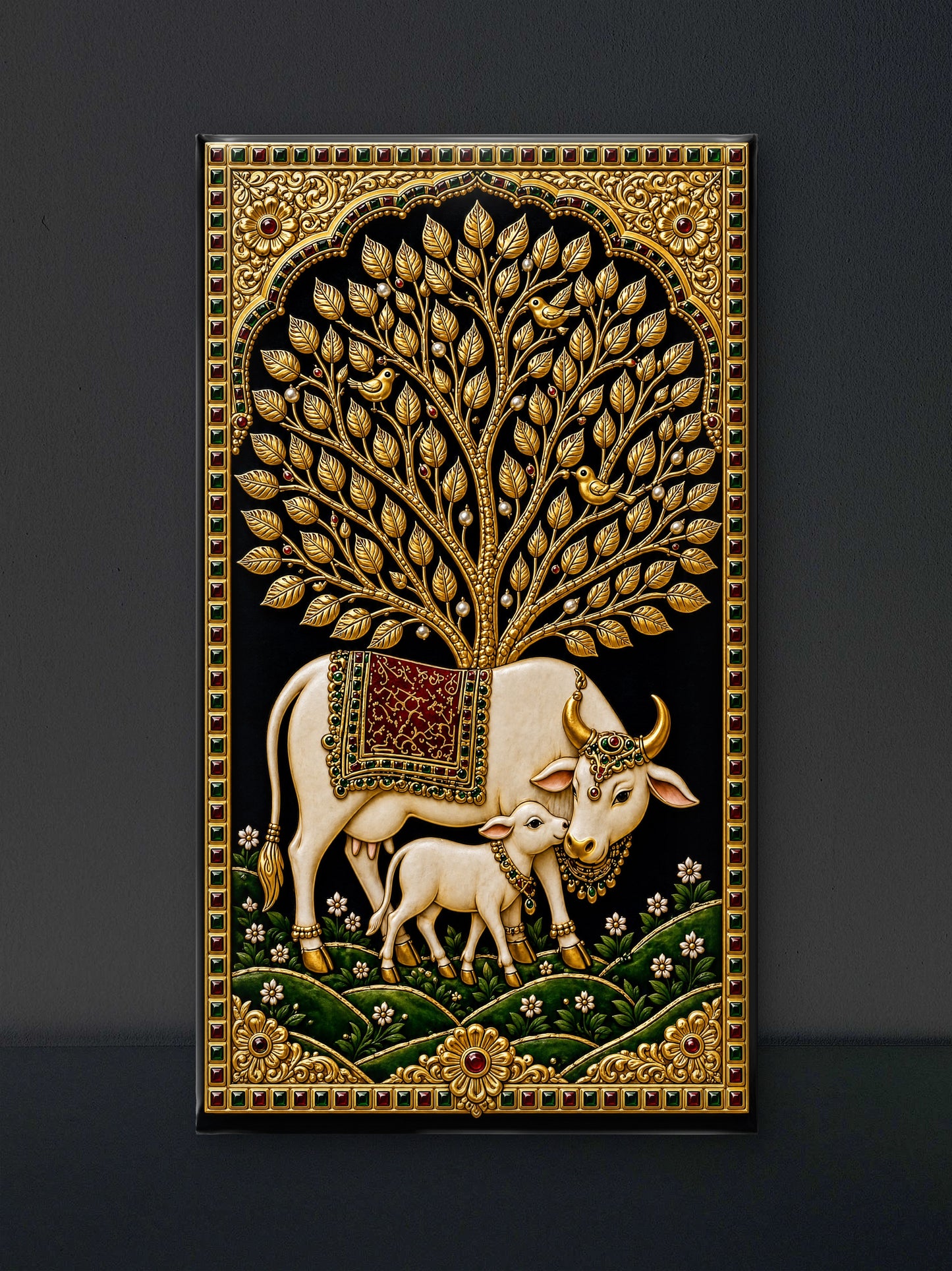 the golden cows-Luxurious-Indian Culture &  Folk Art 3D Textured Wall Art | UV Printed Embossed Canvas Wall Frame for Home Decor,living Room