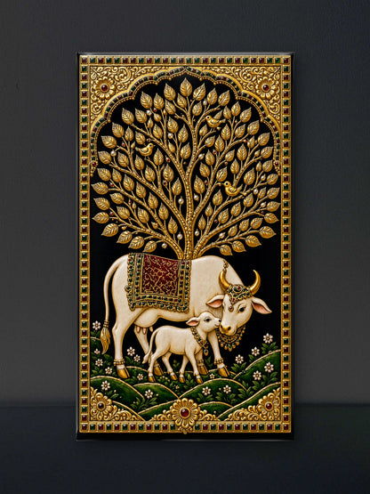 the golden cows-Luxurious-Indian Culture &  Folk Art 3D Textured Wall Art | UV Printed Embossed Canvas Wall Frame for Home Decor,living Room