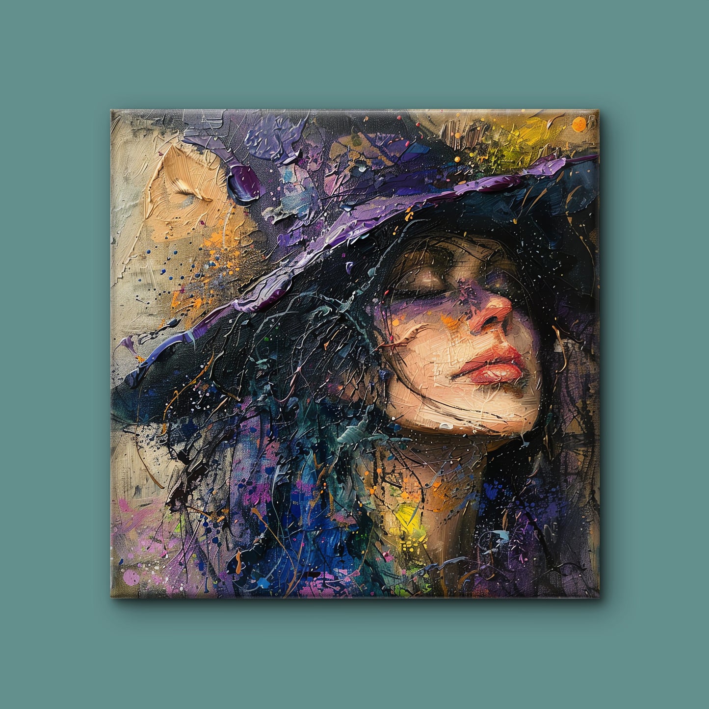 Woman-with-hat-purple-hat-Luxurious-Lifestyle & Hobbies-3D Textured Wall Art | UV Embossed Canvas Wall Frame for Kids room and home decor