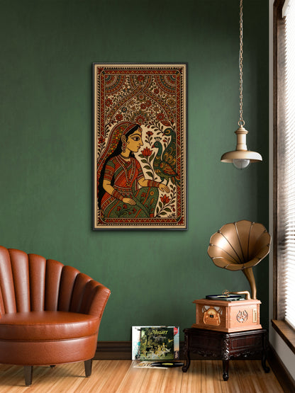 Girl with the Peacock -Luxurious-Indian Culture &  Folk Art 3D Textured Wall Art | UV Printed Embossed Canvas Wall Frame for Home Decor,living Room