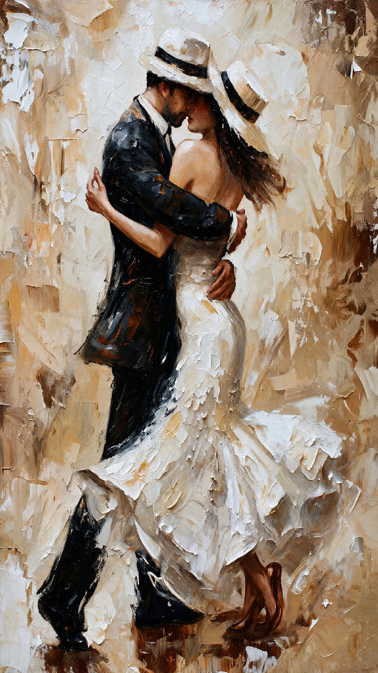 dancing_couple_white_dress_hats_impasto Luxurious-Love & Togetherness -3D Textured Wall Art | UV Embossed Canvas Wall Frame for Home decor