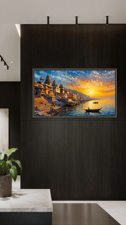 Celestial Varanasi-Luxurious-Indian Culture &  Folk Art 3D Textured Wall Art | UV Printed Embossed Canvas Wall Frame for Home Decor,living Room