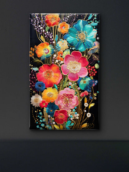 Embroidery textured spring flowers Elegent-Floral & Botanical-3D Textured Wall Art | UV Embossed Canvas Wall Frame for home decor and bed room