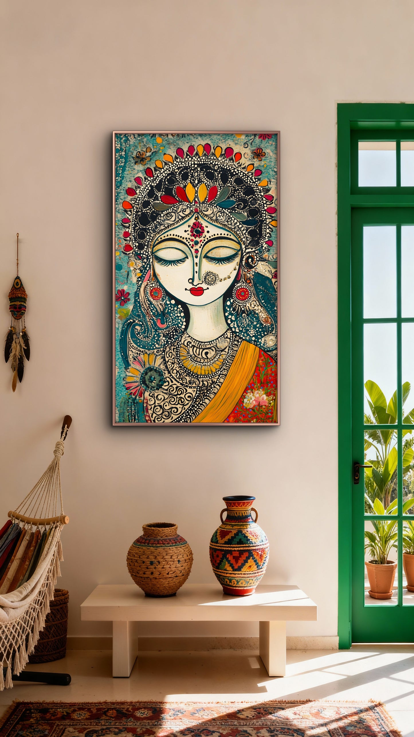 woman-with-eyes-closed-Luxurious-Indian Culture &  Folk Art 3D Textured Wall Art | UV Printed Embossed Canvas Wall Frame for Home Decor,living Room