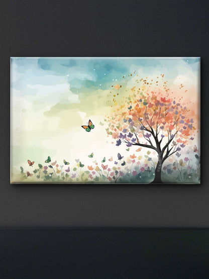 Color leaves Trees With flying Butterfly and grass Premium-Floral & Botanical-3D Textured Wall Art | UV Embossed Canvas Wall Frame for home decor and bed room