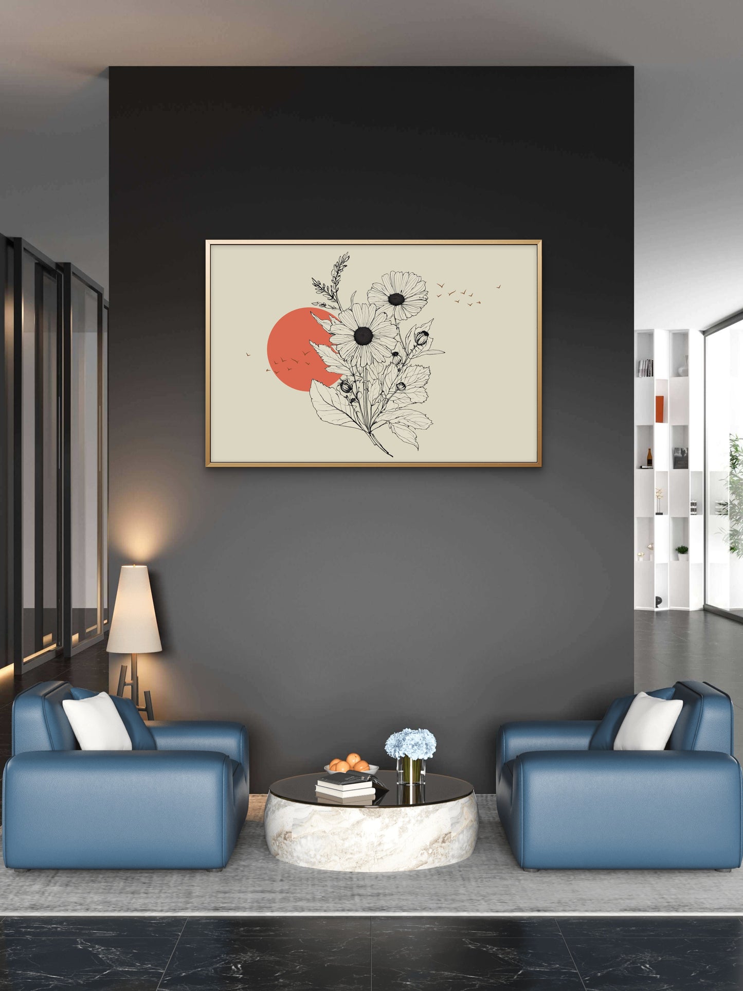 drawing-sunflower-with-birds-background-luxury-Floral & Botanical-3D Textured Wall Art | UV Embossed Canvas Wall Frame for Living room and bed room