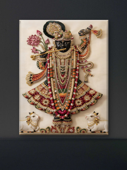 Embroidered Elegance of Shrinathji-Luxurious-Spiritual & Mindful 3D Textured Wall Art | UV Printed Embossed Canvas Wall Frame for Prayer room ,Meditation Space