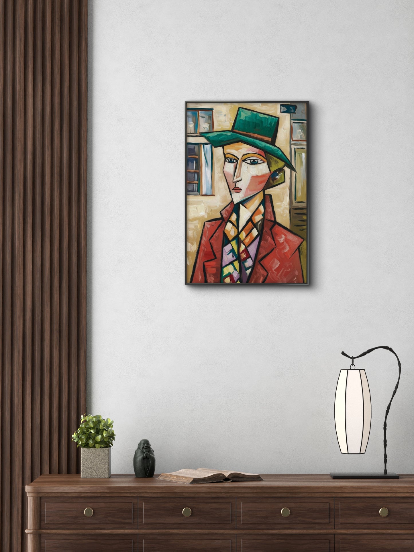 Picasso Style Woman in a Green Hat-Luxurious-Modern Art & Abstract| 3D Textured Wall Art | UV Printed Embossed Canvas Wall Frame for Office,Meditation Space