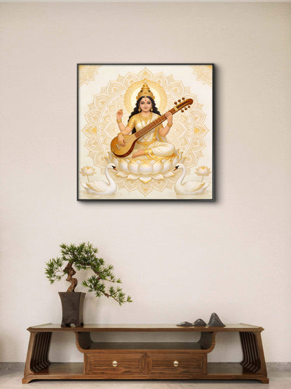 goddess-saraswati-Luxurious-Spiritual & Mindful 3D Textured Wall Art | UV Printed Embossed Canvas Wall Frame for Prayer room ,Meditation Space