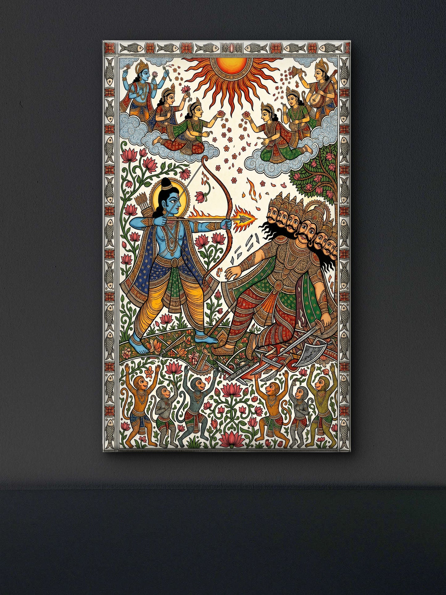 Lord Rama shooting an arrow at Ravana in Madhubani/Mithila Folk Art-Luxurious-3D Textured Wall Art | UV Embossed Canvas Wall Frame for Home decor