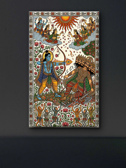 Lord Rama shooting an arrow at Ravana in Madhubani/Mithila Folk Art-Luxurious-3D Textured Wall Art | UV Embossed Canvas Wall Frame for Home decor