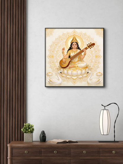 goddess-saraswati-Luxurious-Spiritual & Mindful 3D Textured Wall Art | UV Printed Embossed Canvas Wall Frame for Prayer room ,Meditation Space