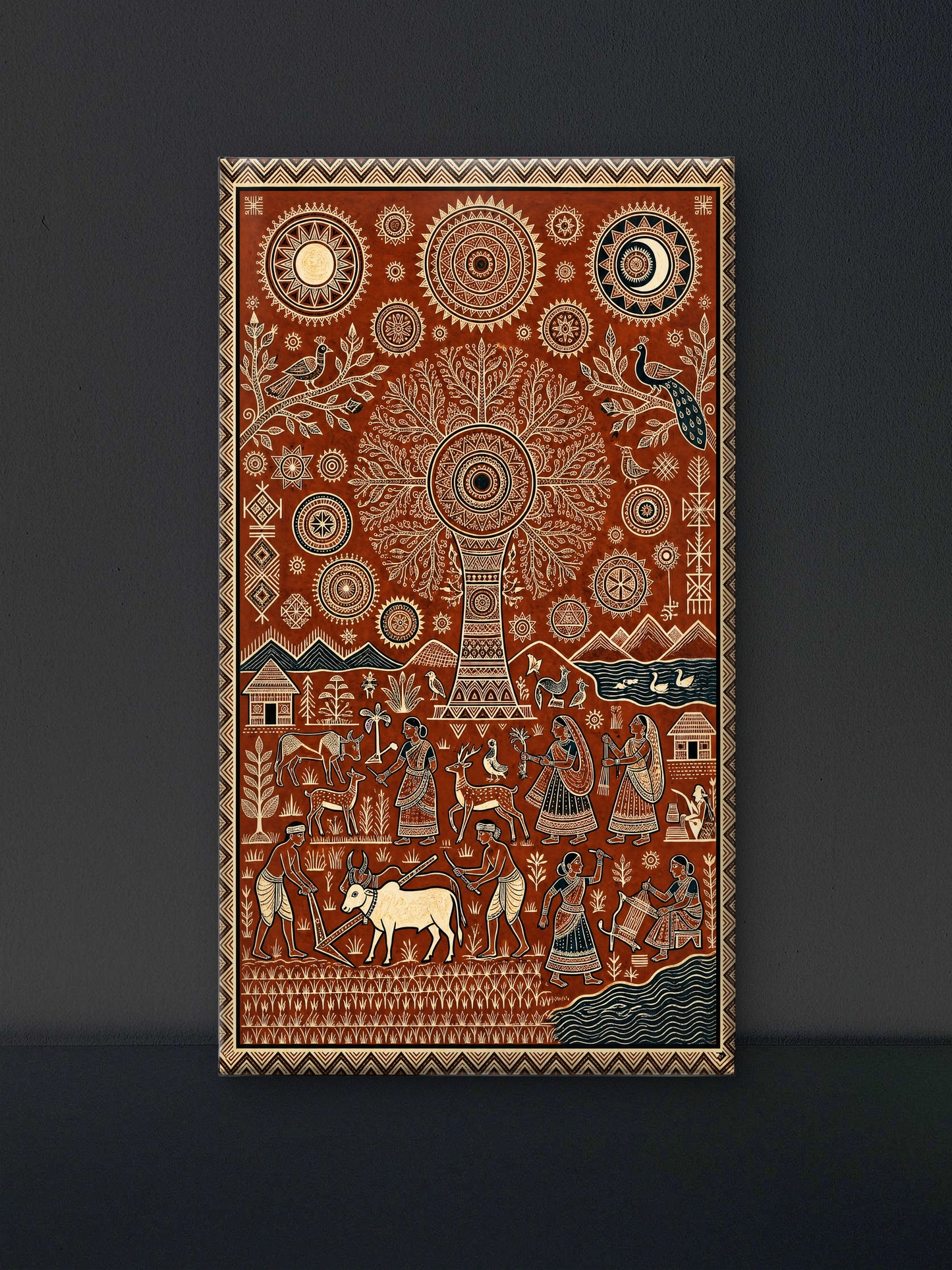 Sacred Roots: The Cosmic Tree of Life-Luxurious-Indian Culture &  Folk Art 3D Textured Wall Art | UV Printed Embossed Canvas Wall Frame for Home Decor,living Room
