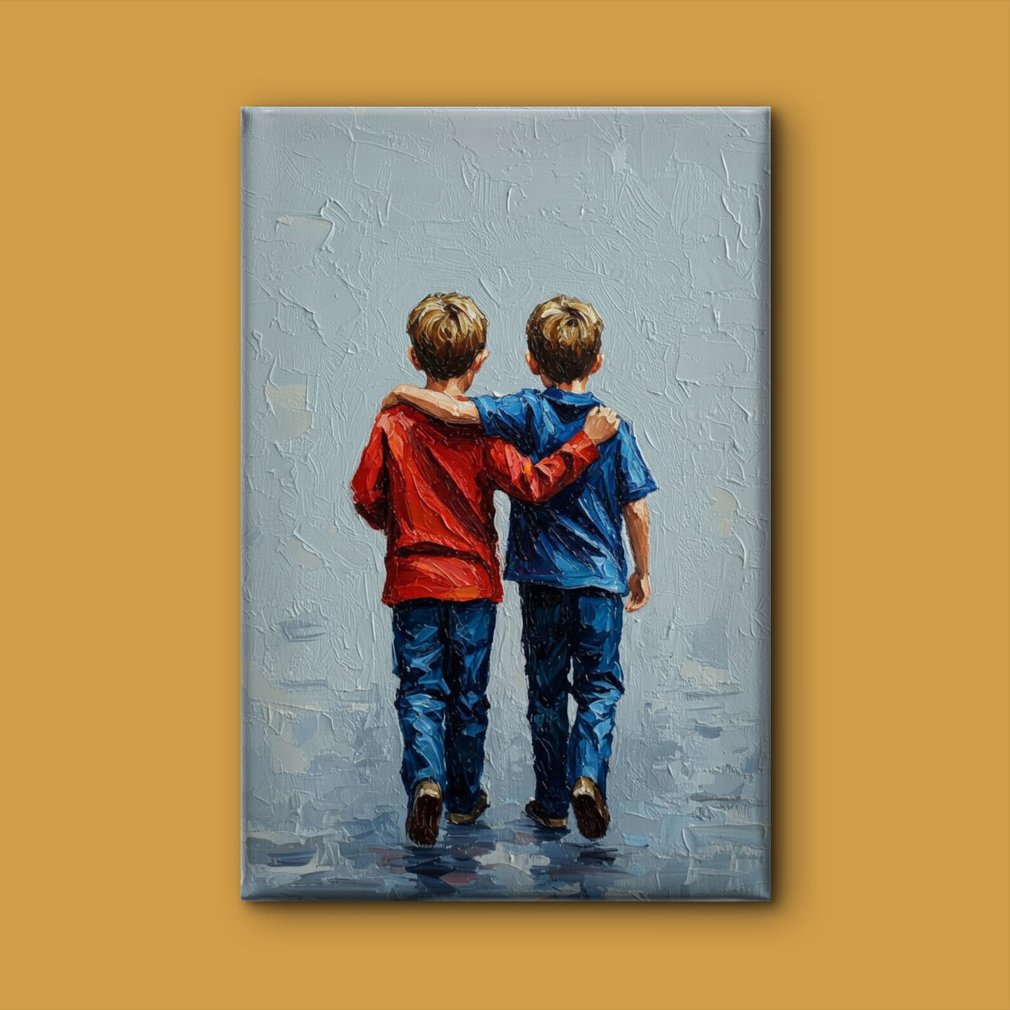 Two Young Boys Holding Hands Walking-Luxury-Kids & Whimsical-3D Textured Wall Art | UV Embossed Canvas Wall Frame for Kids room