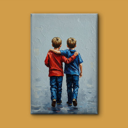 Two Young Boys Holding Hands Walking-Luxury-Kids & Whimsical-3D Textured Wall Art | UV Embossed Canvas Wall Frame for Kids room