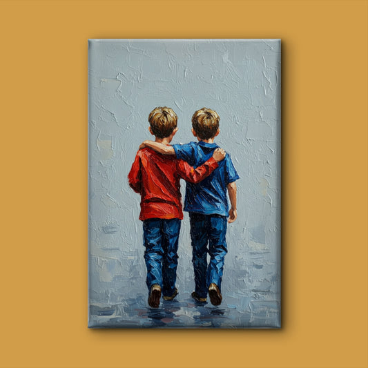 Two Young Boys Holding Hands Walking-Luxury-Kids & Whimsical-3D Textured Wall Art | UV Embossed Canvas Wall Frame for Kids room
