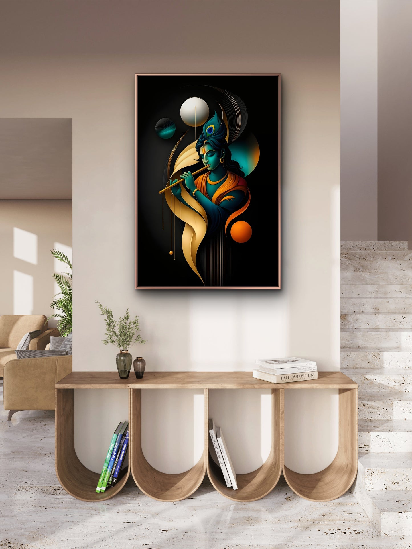 Krishna's Eternal Melody-Luxurious-Spiritual & Mindful 3D Textured Wall Art | UV Printed Embossed Canvas Wall Frame for Prayer room ,Meditation Space
