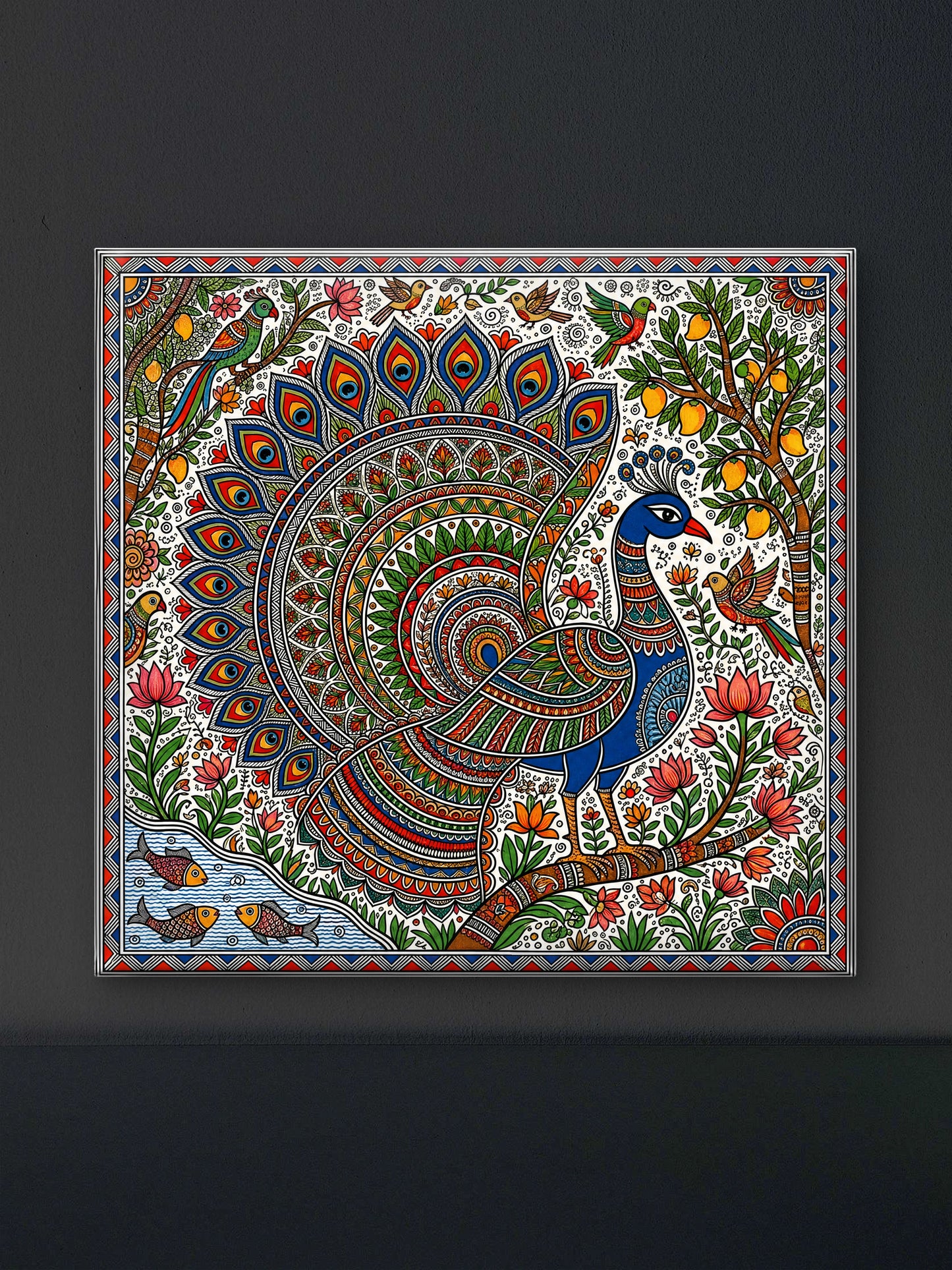 Majestic Peacock in Madhubani Folk Art)-Luxurious-Indian Culture & Folk Art 3D Textured Wall Art | UV Printed Embossed Canvas Wall Frame for Home Decor,living Room