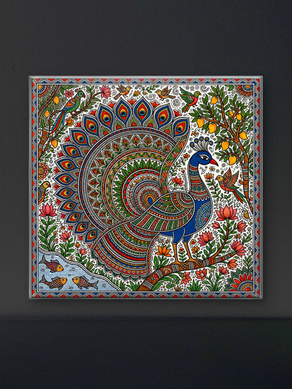 Majestic Peacock in Madhubani Folk Art)-Luxurious-Indian Culture & Folk Art 3D Textured Wall Art | UV Printed Embossed Canvas Wall Frame for Home Decor,living Room