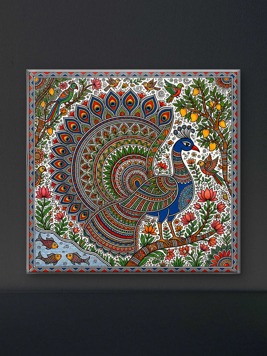 Majestic Peacock in Madhubani Folk Art)-Luxurious-Indian Culture & Folk Art 3D Textured Wall Art | UV Printed Embossed Canvas Wall Frame for Home Decor,living Room