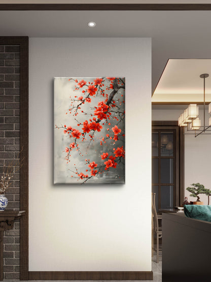 The Crimson Plum Branch-Premium-Floral & Botanical-3D Textured Wall Art | UV Embossed Canvas Wall Frame for Living room and bed room