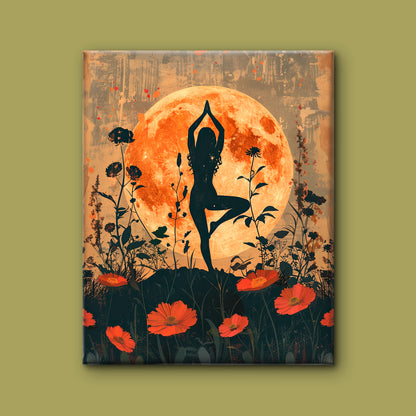 yoga silhouette against a large orange moon surrounded by stylized floral elements-Luxurious-Serenity & Wellness-3D Textured Wall Art | UV Embossed Canvas Wall Frame for Meditation Space